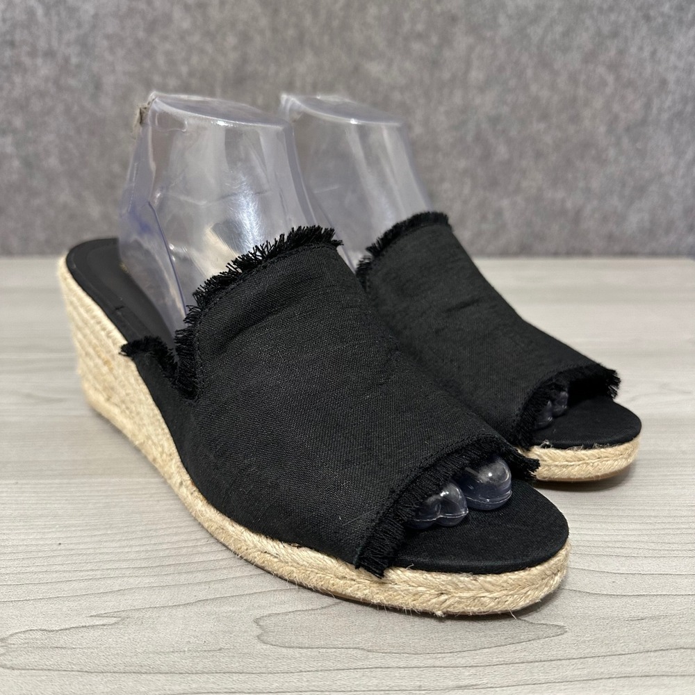 Lauren Ralph Lauren Carlynda Espadrille Wedge Women 11 Blk Linen Frayed Sandals